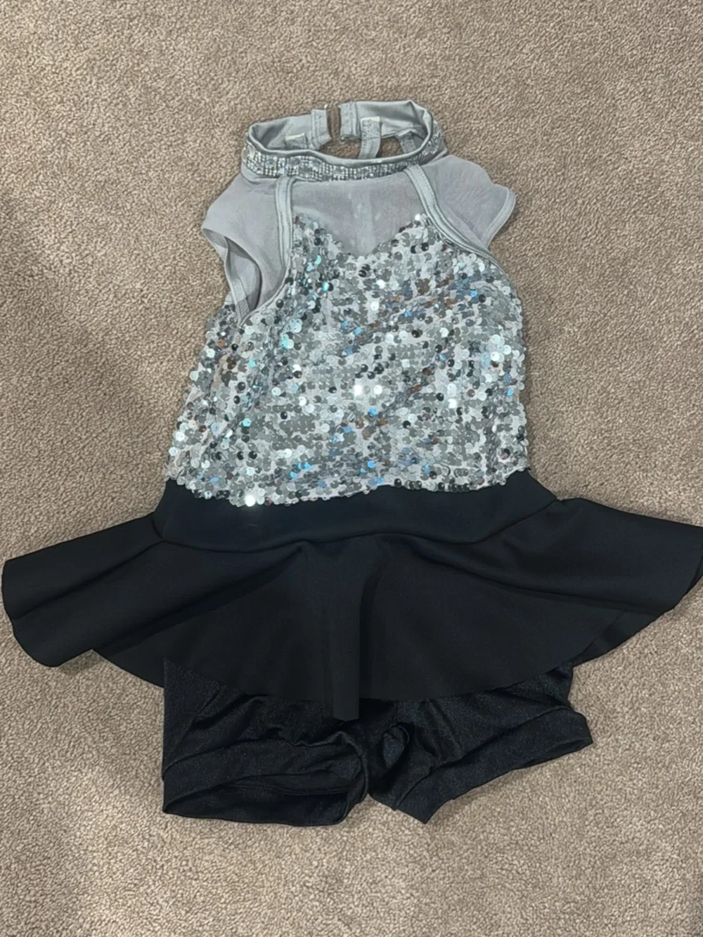 Weissman Silver Sequin Halter Dance Costume with Black Skirt